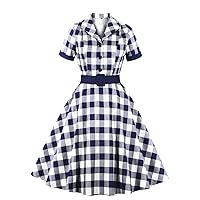 Women 1950s Vintage Buttons Dress Audrey Hepburn Rockabilly Christmas Plaid Cocktail Party Homecoming Swing Dresses