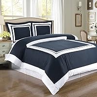 White and Navy Hotel 4pc Full/Queen Comforter Set 100% Cotton 300 Thread Count