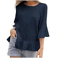 YZHM Women's Ruffle 3/4 Sleeve Tops Round Neck Cotton Linen Shirts Solid Fashion Casual Blouses Loose fit Trendy Tshirts