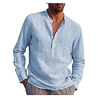 Linen Mens Shirt,Long Sleeve 2024 Trendy Plus Size T-Shirt Solid Fashion Casual Button Top Blouse Outdoor Shirt Lightweight Tees Sky Blue XXL