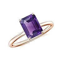 Natural Amethyst Emerald Cut Ring for Women Girls in Sterling Silver / 14K Solid Gold/Platinum