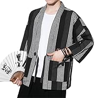 Striped Cotton Linen Kimono Coat Open Stitch Plus Size Jackets And Coats Black/White Cardigan Men
