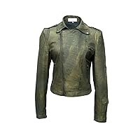 Womens Distressed Leather Jacket Olive Green True Tone Slim Fitt Jacket