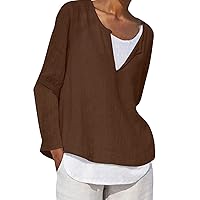 Womens 2023 Cotton Linen Button Keyhole Neck Tops Casual Loose Solid Blouses Long Sleeve Tunic Trendy Beach Shirts