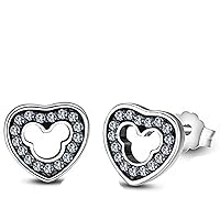 Lovely Heart Mickey Mouse 14K Black & White Gold Over 925 Sterling Sliver With Fashion Round Cut Cubic Zirconia Stud Earring For Teen Girls and Women's Valentine's Day Gift,Birthday Gifts