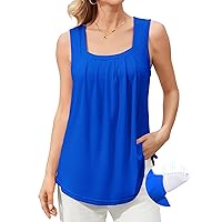 V FOR CITY Women's Flowy Tank Tops with Built in Bras Pleated Tunic Blouses Casual Sleeveless Tops Curved Hem