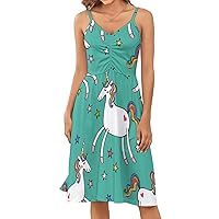 Unicorn and Stars Women's Summer Dress Spaghetti Strap Swing Sundress V Neck Midi