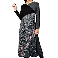 Women's Floral Print Long Sleeve Pleated Maxi Dress Crewneck Loose Long Dresses Skirt