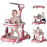 Baby Walker, Baby Walkers,5and 1 Baby Walker with Wheels, Baby Walkers and Activity Center for Boys Girls Foldable Infant Toddler Walker with Foot Pads, Baby Walkers for Babies 6-18 Months (Pink)