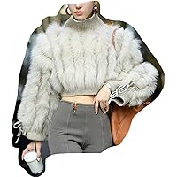 BUF-01 Big Fluffy Fur Knit Sweater with Real Fox Fur Trim Cashmere Wool Knitted Jumper Crop Tops for Women Pullover Furry