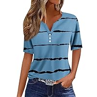 Short Sleeve Park Modern Tunic Lady Winter Broomstick Striped Button Down Tops Ladie's Polyester Slim Comfy Blue XL