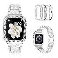 Mosonio Compatible with Apple Watch Band 38mm 40mm 41mm 42mm 44mm 45mm 49mm with 2 Pack Case Women, Jewelry Replacement Metal Wristband Strap with Bling PC Protective Case for iWatch Ultra SE Series 9/8/7/6/5/4/3/2/1