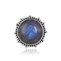 Rainbow Moonstone Labradorite Ring in 925 Sterling Silver, 17mm Round Cabochon Birthstone Handmade Jewelry Promise Ring