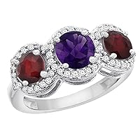 14K White Gold Natural Amethyst & Enhanced Ruby Sides Round 3-stone Ring Diamond Accents, sizes 5-10