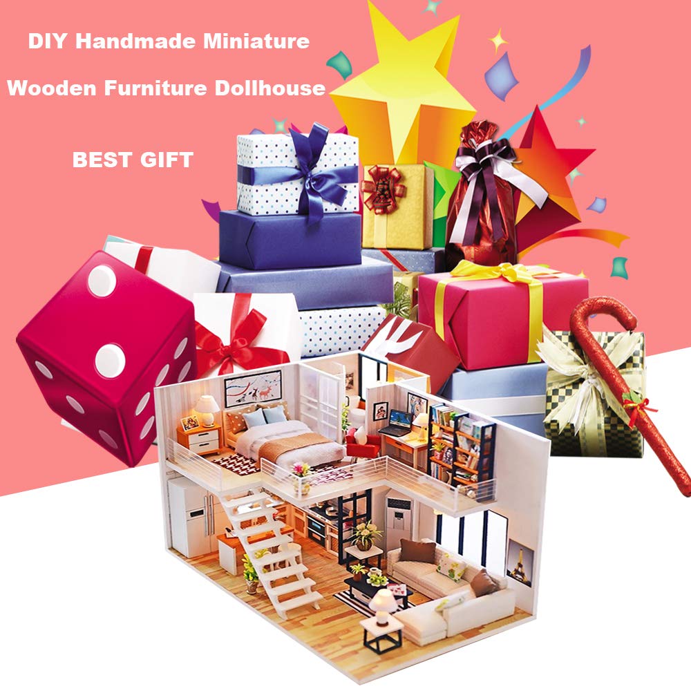 Roroom DIY Miniature and Furniture Dollhouse Kit,Mini 3D Wooden Doll House Craft Model with Dust Cover and Music Movement,Creative Room Idea for Valentine's Day Birthday Gift (m013)