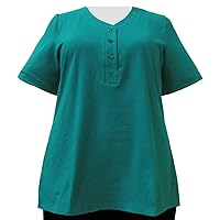 Women's Plus Size Jade Cotton Knit Short Sleeve Y-Neck Placket Top