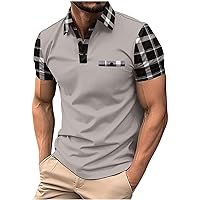 Mens Short Sleeve Muscle Shirts, Plaid Print Patchwork Summer Tops Button Up V Neck Polo Shirt Teens Regular Fit T-Shirt