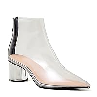 MOOMMO Women Clear Mid Chunky Heel Ankle Boots Pointed toe Rhinestone Metal Block Heel PVC Transparent Booties Zipper Closed Toe Summer Dress Boots Fashion Party Wedding Dating 4-9.5 M US