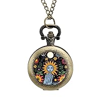 Sun Moon Star Tarot Floral Plant Eye Hands Vintage Pocket Watch with Chain Arabic Numerals Scale Quartz Pocket Watches Gifts for Men Women