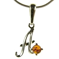 BALTIC AMBER AND STERLING SILVER 925 ALPHABET LETTER A PENDANT NECKLACE - 10 12 14 16 18 20 22 24 26 28 30 32 34 36 38 40