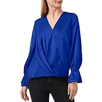 Vince Camuto Womens Blue Pleated Ruffled-Cuff Long Sleeve Surplice Neckline Faux Wrap Top S