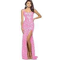 Spaghetti Straps Glitter Prom Party Dresses Mermaid 2023 Sequins Evening Dresses with Split