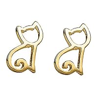 14K Gold Plated Hollow Cat Stud Earrings For Women, Girls