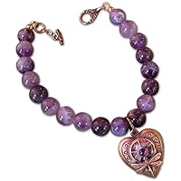 Elaine Coyne Antique Brass Neo-Victorian Dragonfly with Vintage Gear on Sculptural Heart Beaded Bracelet - Amethyst