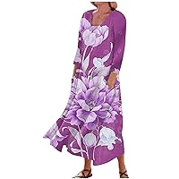 3/4 Sleeve Dresses for Women Summer Boho Long Dress Casual Maxi Dresses Flowy Printed Beach Sundresses with Pockets