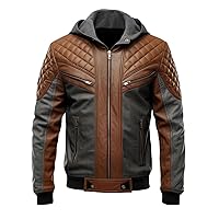 Men’s Charcoal Grey Brown Genuine Sheepskin Diamond Quilted Biker Hooded Stylish Zip-Up Moto Bomber Leather Jacket