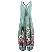 HTHLVMD 2024 Plus Size Summer Fashion Wide Leg Overalls，Womens Warn Cotton Baggy Pants Floral Printed Loose Jumpsuits Rompers