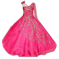 Girl's One Shoulder Long Sleeves Pageant Dress Beaded Sequins Embroidery Formal Evening Dress Hot Pink