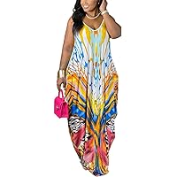 WUSENST Women's Casual Adjustable Spaghetti Strap Maxi Dress Plus Size Sundresses with Pockets