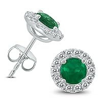 Genuine 1 3/4 Carat TW Natural Emerald And Real Diamond Halo Earrings in 14K White Gold