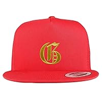 Trendy Apparel Shop Old English Gold G Embroidered 5 Panel Flatbill Trucker Mesh Cap