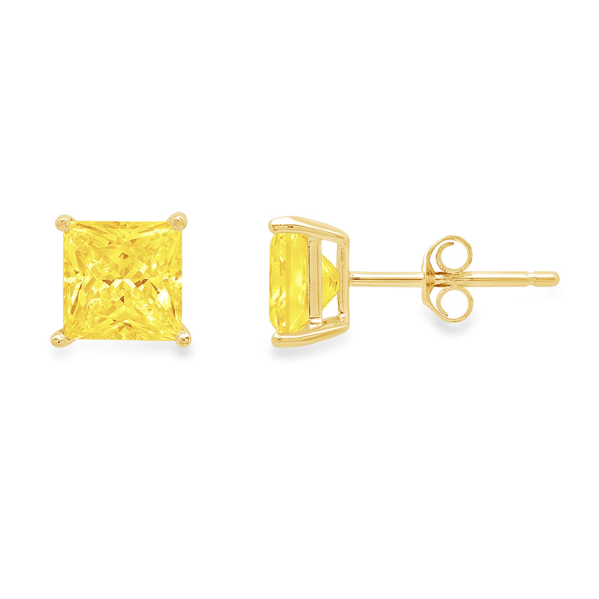 Clara Pucci 4.0 ct Princess Cut VVS1 Ideal Gemstone Solitaire Canary Yellow Simulated Diamond CZ Stunning Pair of gift Stud Earrings Solid 14k Yellow Gold Push Back