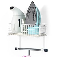 OYEAL Ironing Board Hanger Wall Mount Iron Holder with Storage Shelf Laundry Room Iron and Ironing Board Organizer with Large Storage Basket and Removable Hooks, White