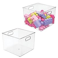 mDesign Small Modern Stackable Plastic Storage Organizer Bin Basket with Handle for Playroom and Toy Organization, Shelf, Cubby, Cabinet, and Closet Organizing Decor, Ligne Collection - 2 Pack - Clear