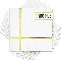 Fancy Gold Cocktail Napkins 100 PCS - 5x5 IN Gold Foil Lined Napkins 3ply Premium White and Gold Napkins for Dinner, Wedding, Holiday, Birthday - Disposable Paper Napkins with Gold Foil Trim Stripe