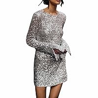 Graduation Dresses for Women 2024 Bodycon,Sequin Dress for Women Long Sleeve Crewneck Sparkly Glitter Mini Dres
