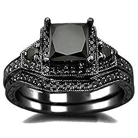 2.00 CT Princess Cut Black Diamond Solitaire Halo Wedding Ring Set for Women Girls 14KT Black Gold Finish