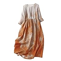 Tie Dye Cotton Linen A-Line Dress Women 3/4 Sleeve Pleated Crewneck Vintage Beach Dress Summer Loose Fit Midi Dress