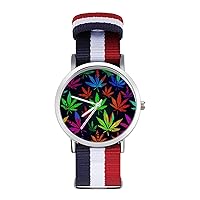 Colorful Weed Leafs Women's Watch with Braided Band Classic Quartz Strap Watch Fashion Wrist Watch for Men