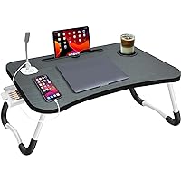 Laptop Bed Table, Foldable Laptop Desk Bed Table Tray with USB Ports Storage Drawer, Portable Laptop Stand Folding Breakfast Tray Lap Desk for Bed for Eating, Reading and Working