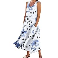 Womens Summer Dresses,Womens Casual Floral Print Crewneck Sleeveless Maxi Dress Flowy Long Beach Dress with Pockets