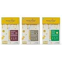 Honey Twigs - Pure Honey Sticks Pack | Cinnamon, Vanilla, Lemon Flavoured Combo - 90 Count (30 straws each) | 100% Natural, On the Go, Mess-Free