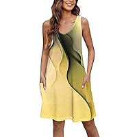 Summer Floral Dress Bohemian Dress for Women 2024 Summer Fashion Print Pretty Slim Fit Dress Sleeveless V Neck Dresses with Pockets Yellow Medium