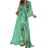 Womens Casual V Neck Button Down Tie Waist 3/4 Sleeve Long Evening Dress Cocktail Party Maxi Wedding Guest Dresses