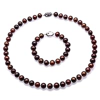JYX Pearl Necklace 9-10mm Round Brown Freshwater Cultured Pearl Necklace and Bracelet Set