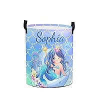 Custom Hamper Mermaid Scales Personalized Laundry Basket with Name for Girls Collapsible Durable Toys Organizer Storage Round Baskets and Nursery Bedroom Decor (Mermaid 01)